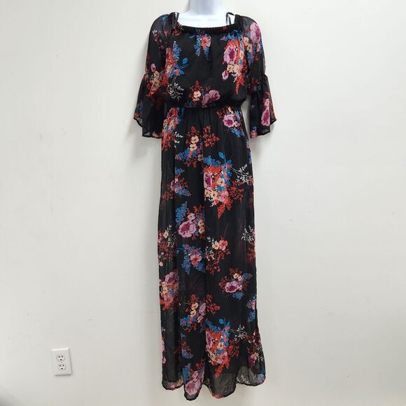 As U Wish Women Off The Shoulder Maxi Dress SizeS Black Floral Semi Sheer Lined - Picture 1 of 11